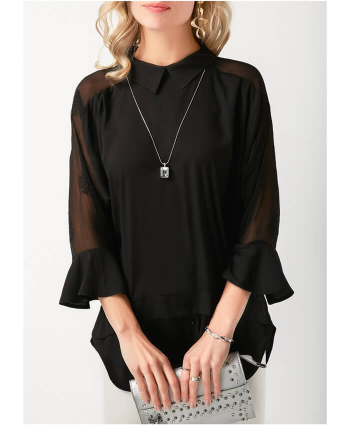 Flare Cuff Layered Mesh Panel Black Blouse